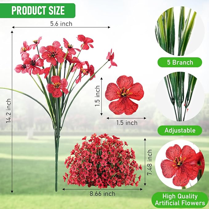 60 Pack Artificial Flowers for Outdoor Indoor Fake Plants, Faux Silk Flowers for Outdoors Outside Front Porch Hanging Planter Window Box Garden Spring Decoration(Red)