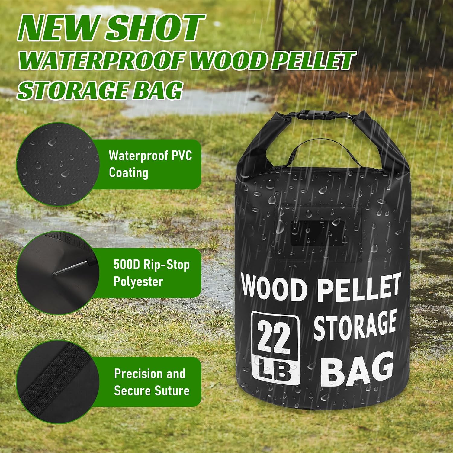 22LB Waterproof Wood Pellet Storage Containers - Dual Handles, Label Pocket | Portable 500D PVC BBQ Smoker Pellet Storage Bag, Stay Dry Grill Pellets Storage Container for Fuel, Charcoal, Wood Chips-1PCS
