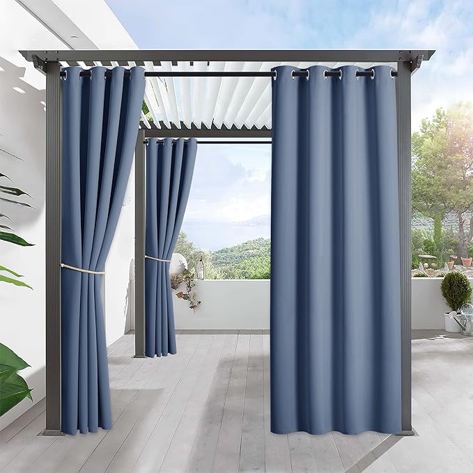 RYB HOME Outdoor Curtains for Patio Waterproof Block Sunlight Thermal Insulated Privacy Assured Thick Outside Curtains for Porch, Gazebo, Pergola, W52 x L84, Stone Blue, 1 Panel