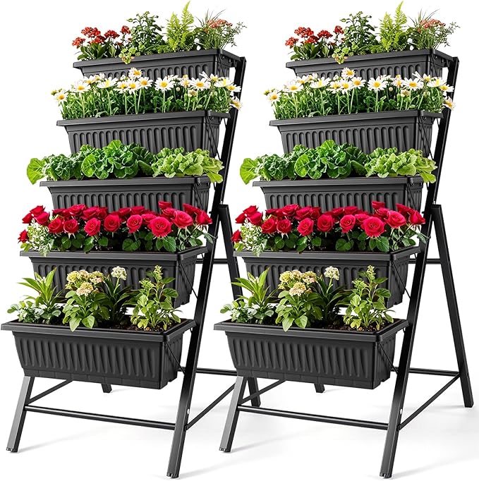 SEJOV 2 Pack Vertical Raised Garden Bed, 5 Tiers Elevated Planter Box for Herbs Vegetables Flowers, Graden Vertical Planter with Drainage System for Patio Balcony Garden Outdoor Indoor Plants, Black