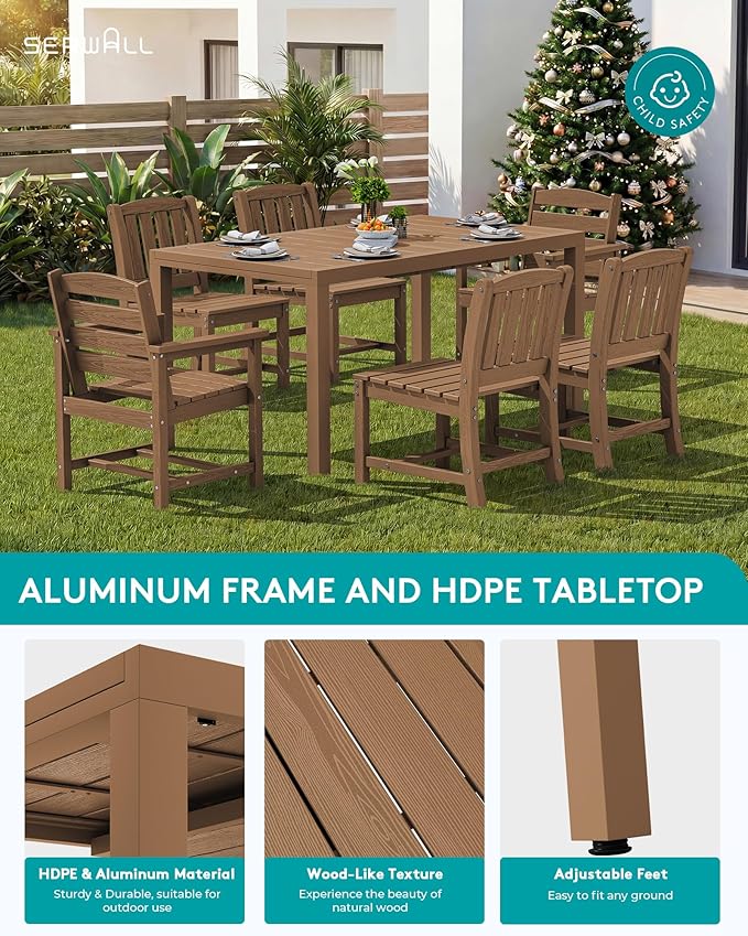 SERWALL Outdoor Expandable Dining Table 60" - 83", Patio Dining Table for 4-10 People, All Weather HDPE and Aluminum Outdoor Furniture for Backyard, Garden, Brown