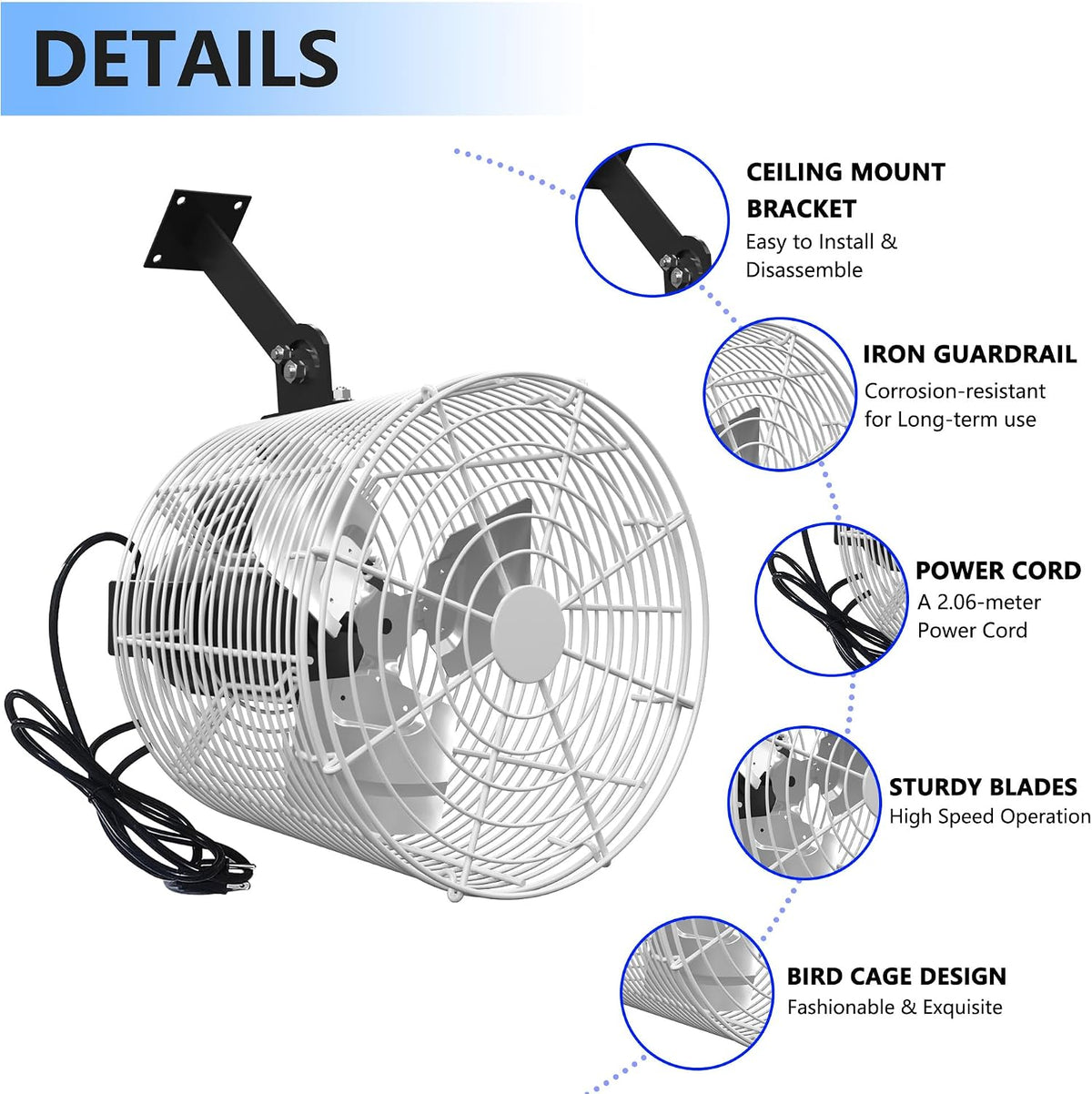 greenhouse air circulation 1/10 hp 115v ceiling wall, close-up detail