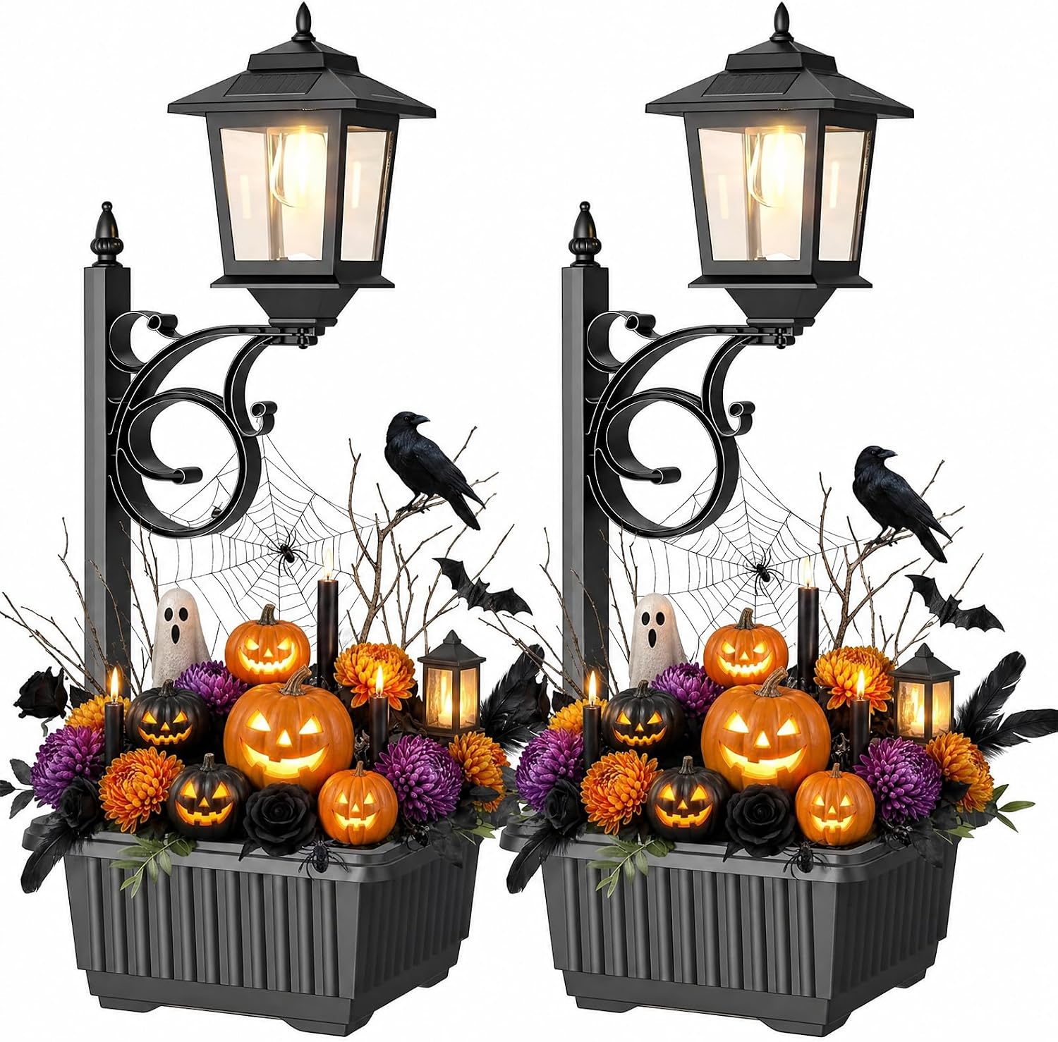 PASAMIC 2 Pack Solar Lamp Post with Planter, 2 in 1 Outdoor Solar Planter Lights, Waterproof Decorative Solar Lamp Post Light, Wall Mount or Freestanding for Garden, Patio & Porch, Warm White