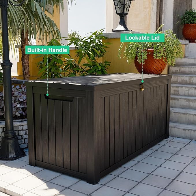 200 Gallon Waterproof Outdoor Storage Box,Resin Deck Box,Lockable Outside Storage Box Container for Patio Furniure,Garden,Tools (200 Gallon,Black)