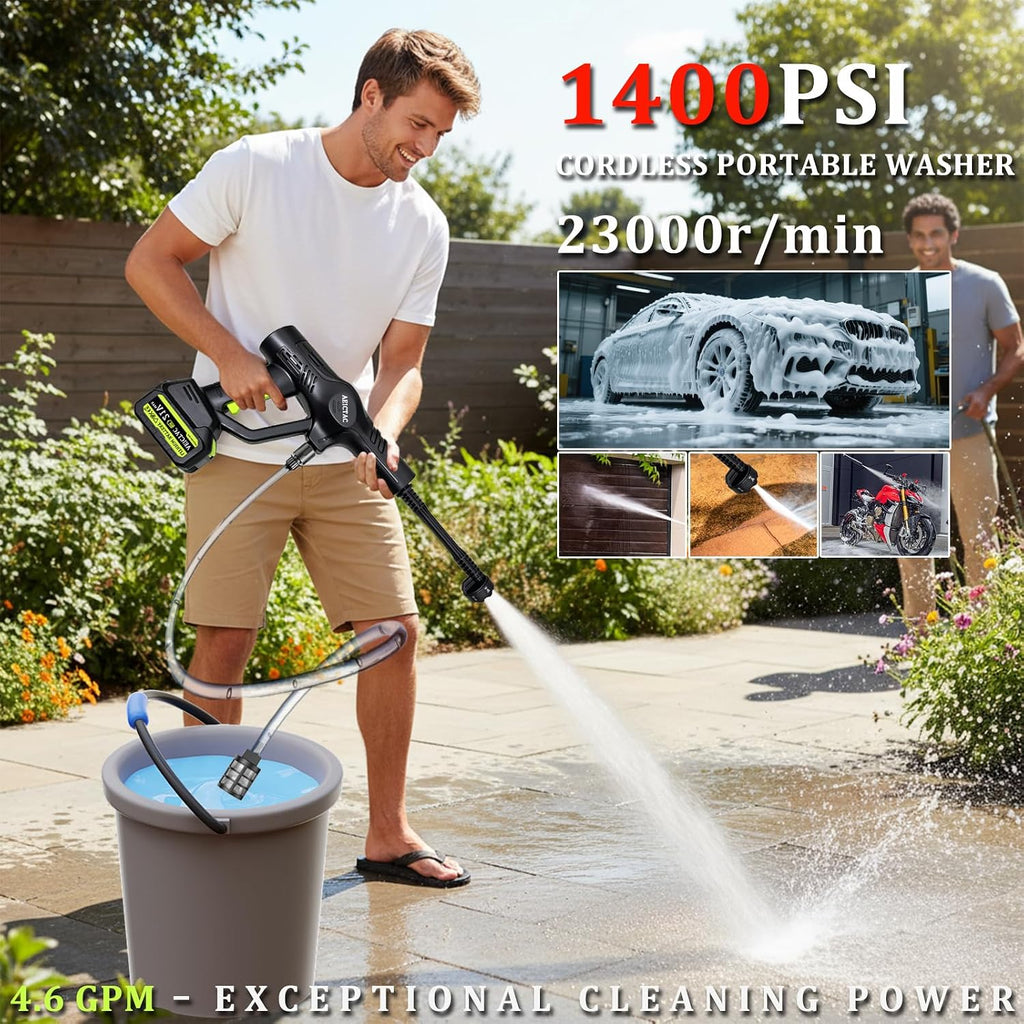 cordless pressure washer 1400psi with 6-in-1 nozzle showing dimensions