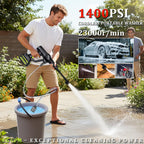 cordless pressure washer 1400psi with 6-in-1 nozzle showing dimensions