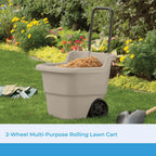 suncast garden cart on wheels, taupe 15.5-gallon resin shown in use