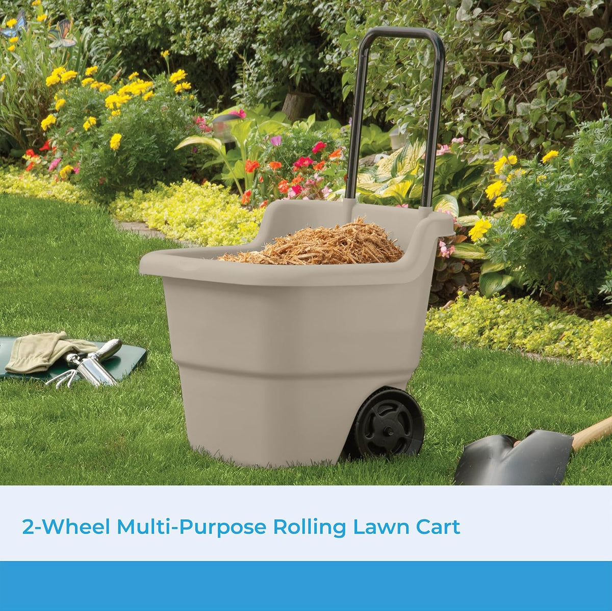 suncast garden cart on wheels, taupe 15.5-gallon resin shown in use