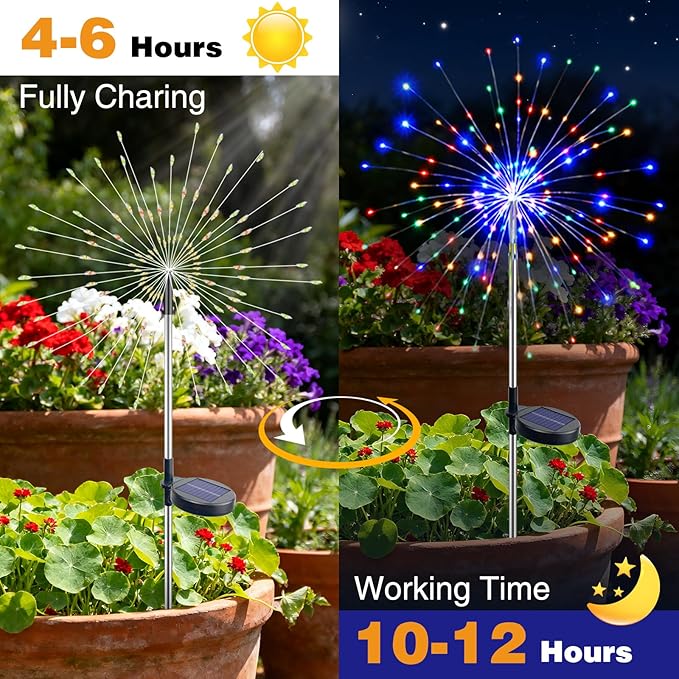 btfarm 2 Pack Solar Garden Lights Outdoor 8 Modes, 120 LED Firework Lights Solar Powered, Waterproof Twinkle Fairy Light Outside for Yard Pathway Lawn Pool Patio Christmas Decorative, Multicolor