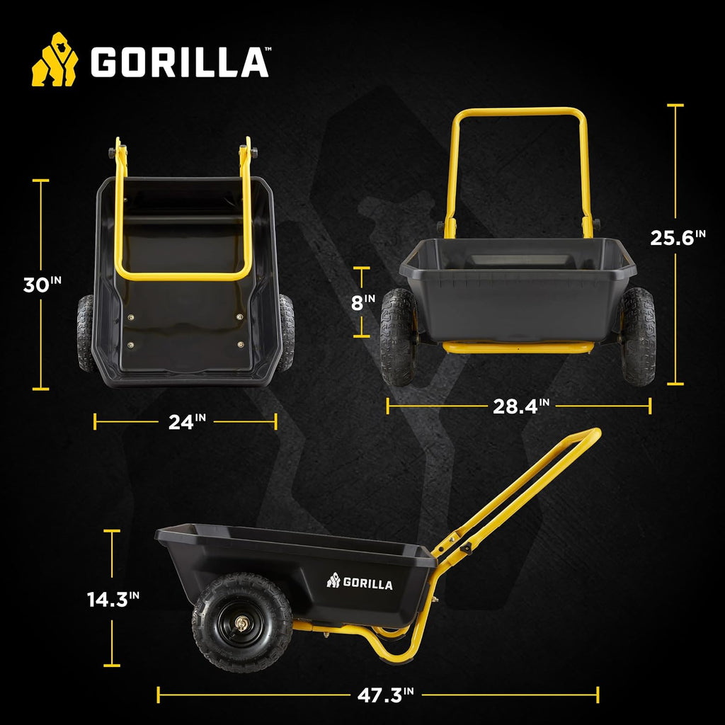 gorilla carts poly dump cart, 2-wheel garden wagon, close-up detail