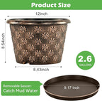 12 Inch Planter Pots for Plants, Plastic Large Flower Pots Indoor Outdoor, 4 Pack Resin Plant Pot with Drainage & Saucer, Retro Decorative Garden Pot with Removable Trays for House