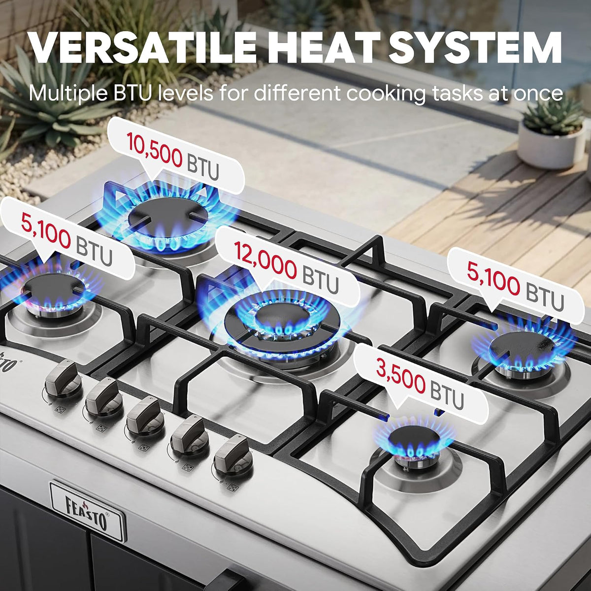 feasto modular outdoor kitchen island with 5-burner gas, side view