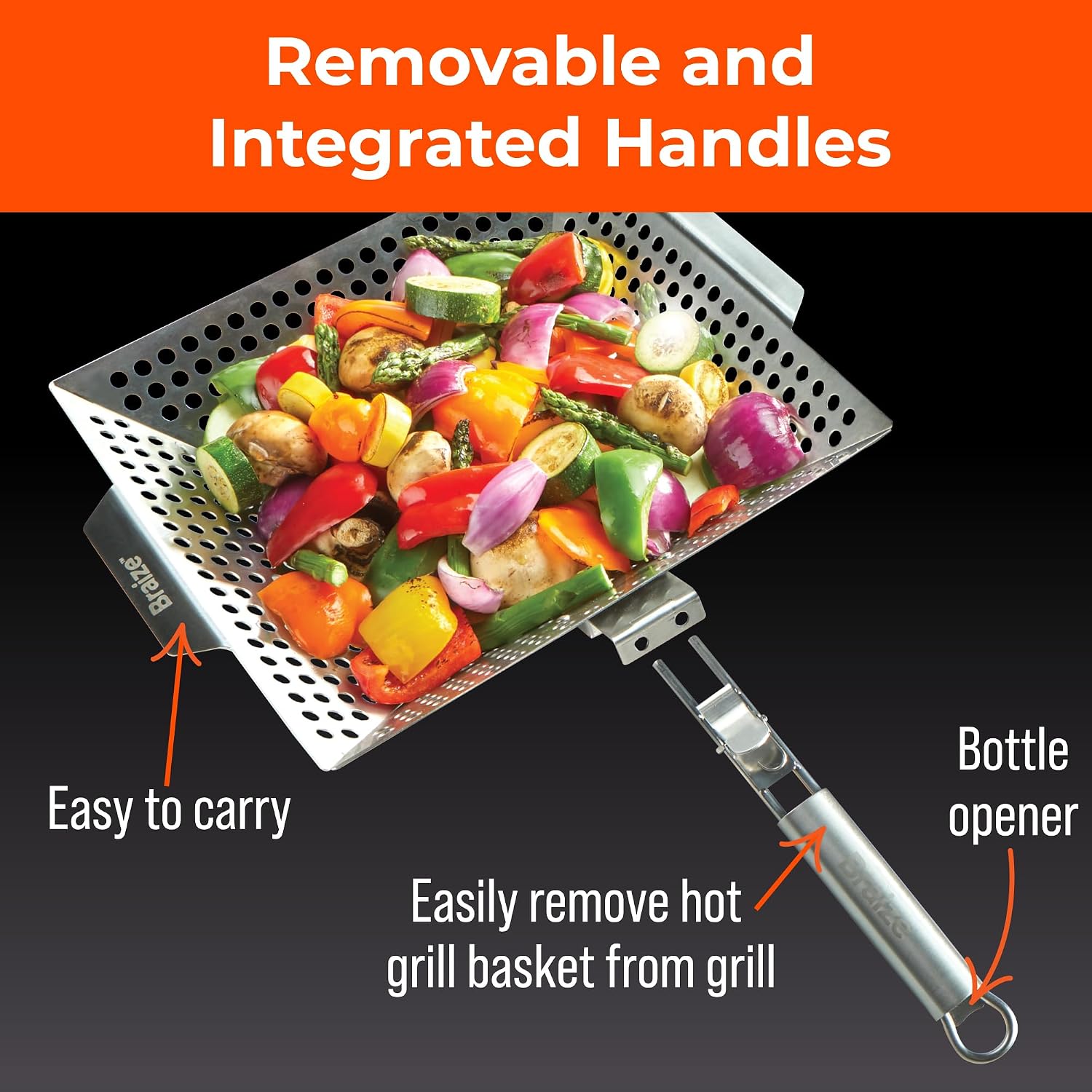 Heavy-Duty Stainless Steel Grill Basket – 12" x 13.75" Large BBQ Basket with Removable Handle – Durable Grilling Basket for Vegetables & Meat – Outdoor Cooking Accessory for Gas & Charcoal Grills