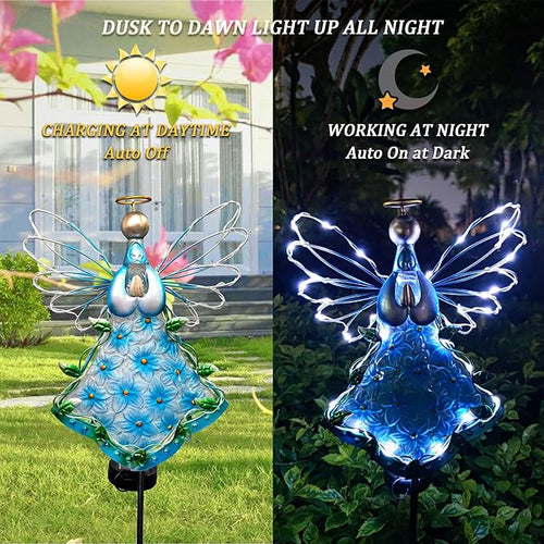 38Inch Angel Solar Lights Outdoor Decorative-Metal&Glass Angel Blue Hydrangea Flower Garden Stake- Waterproof 30 Warm White LED for Remembrance & Sympathy Gifts（Blue）