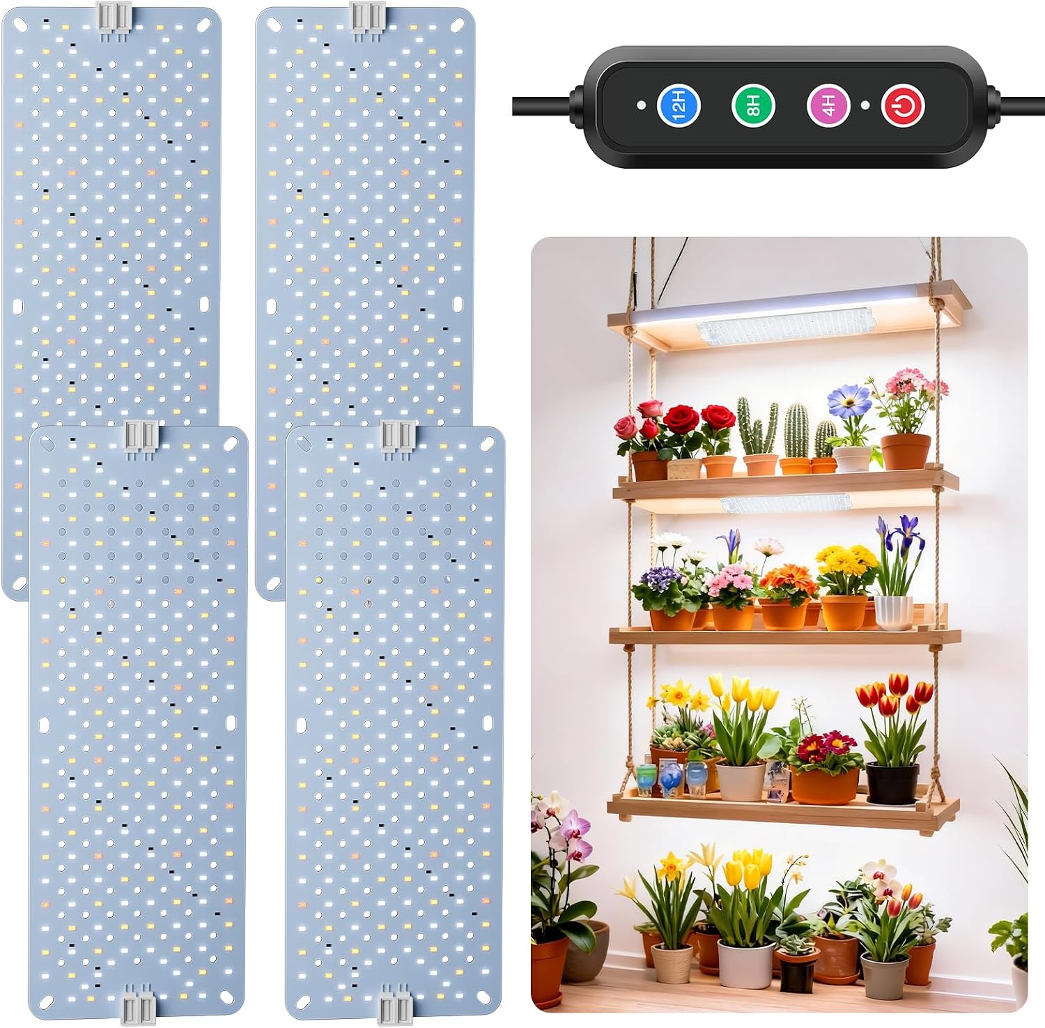 40W Ultra-Thin Panel Full Spectrum Grow Lights, 768 LEDs Growing Light for Indoor Plants with Daisy Chain Function, Grow Lights for Seed Starting with 4/8/12/16/20H Auto On/Off Timer (4pcs)