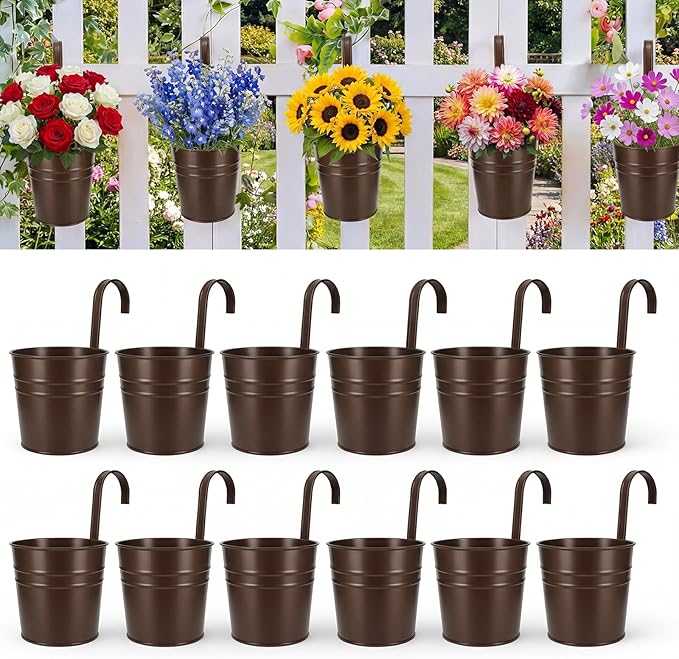 HowRU Hanging Flower Pots, Railing Planter Box for Outdoor Plants 12 Pack 5 Inch Metal Hanging Planters with Detachable Hooks Balcony Window Fence Garden Decoration Flower Boxes(Bronze(5in))