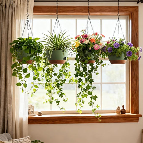 4 Pack 8 Inch Self Watering Hanging Planters for Indoor Outdoor Plants，Hanging Pots for Plants with Drainage Removable Tray, Hanging Baskets Flower Pots for Pothos Spider Garden Green with Brown