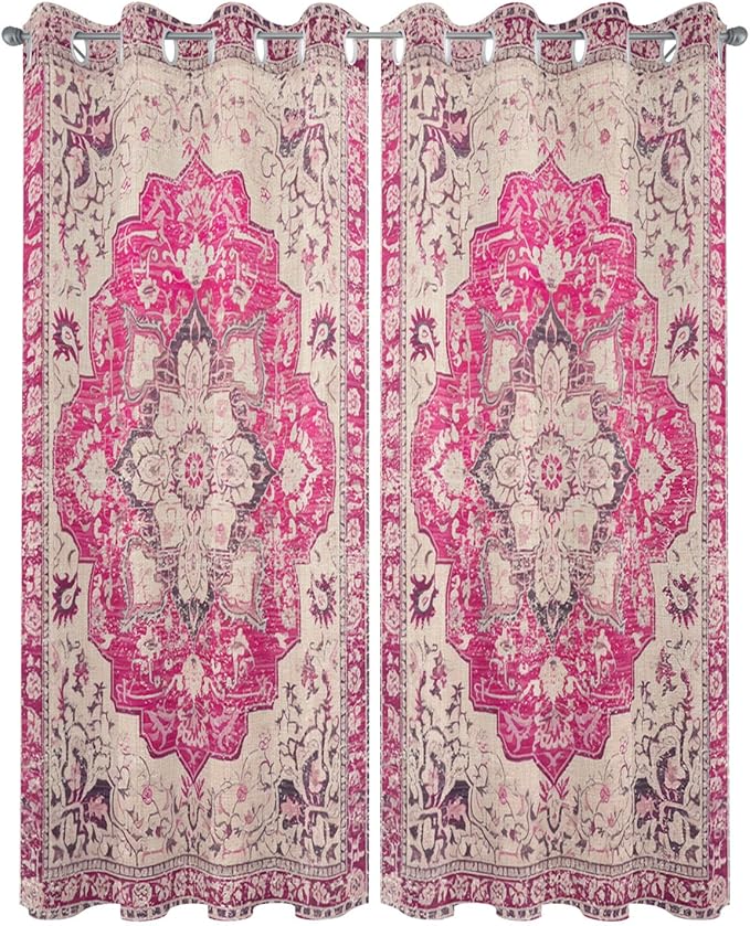 Pink Bohemian Outdoor Curtains for Patio Waterproof, Grommet Privacy Curtain Drapes Weatherproof Outside Curtains for Porch GazeboPergola Cabana 2 Panel 54x95inch Medallion Floral Geometric Printed