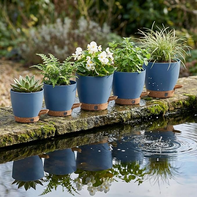 montresor 5-Pack 5/5.5/6/6.5/7 Inch Reservoir & Drainage Plastic Self Watering Flower Pots– Ocean Blue Indoor Plant Pots with Wick System for Peace Lily, Fern, Spider Plant