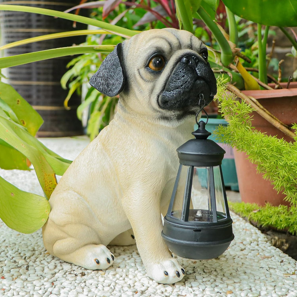 Solar Dog Garden Statues, Pug Garden Statue with Lantern Lights Outdoor | Pug Gifts for Pug Lovers, Dog Figurines with Warm Glow for Indoor Patio, Lawn, Yard Art Decoration and Garden Gift for Mom
