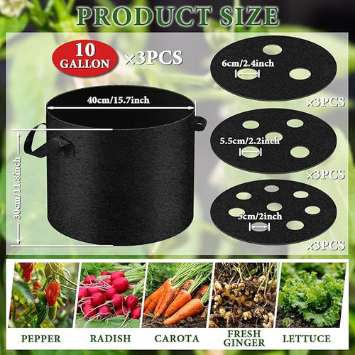3 Pack 10 Gallon Grow Bags with Planting Holes, Planting Bags, Plant Grow Bags, Fabric Grow Bags, Heavy Duty Thickened Nonwoven Fabric Gardening Vegetable Growing Bags with 3/5/8 Planting Holes