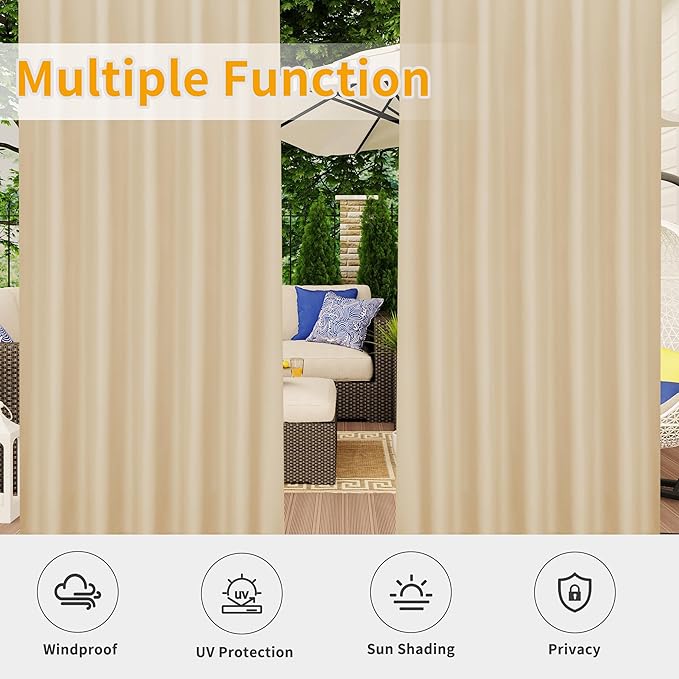 Easy-Going Outdoor Patio Curtains Detachable Tab Top Windproof Weatherproof Curtain for Cabana, Porch, Pergola and Gazebo, Tab Bottom Drape, 2 Panels, 54W x 84L inch, Beige