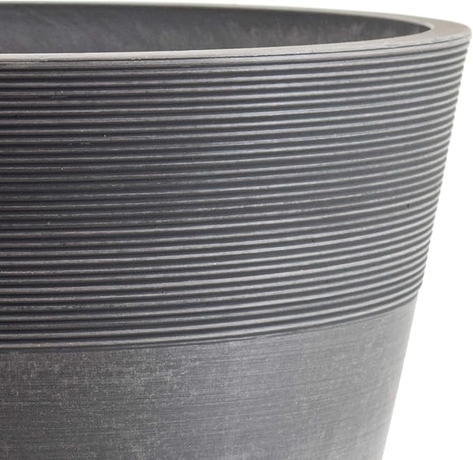 PSW Pot Collection 16-inch Plastic/Stone/Wood Composite Large Ribbed Planter – No Drainage Hole (Drillable), Indoor/Outer Garden Pot for Foliage, Trees, Flowers, Ferns, Cement Gray