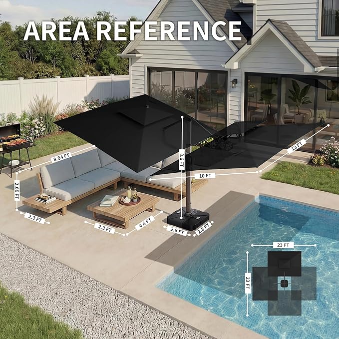 10 X 13 FT Cantilever Patio Umbrella with Led Lights and Base Included Outdoor Heavy Duty Double Top Rectangle Offset Umbrellas with 360-degree Rotation for Pool Deck Backyard, Black