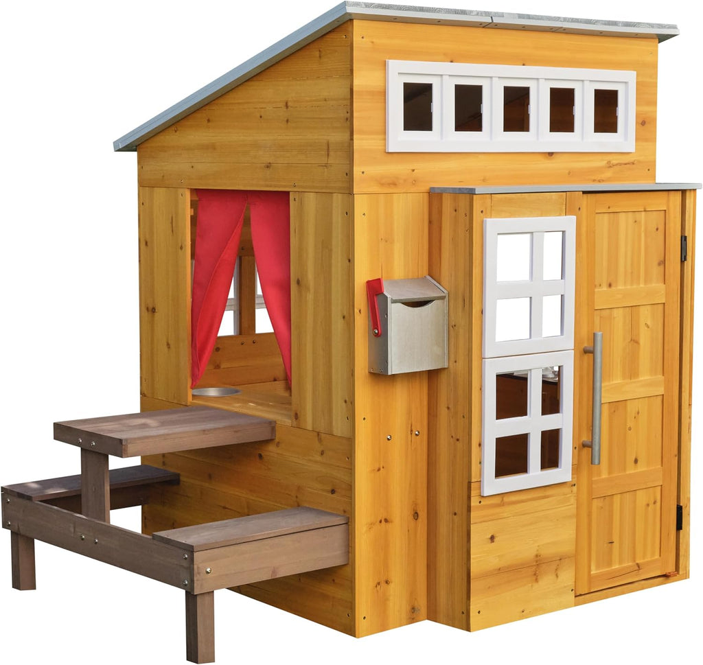kidkraft modern outdoor wooden playhouse with picnic table, close-up detail