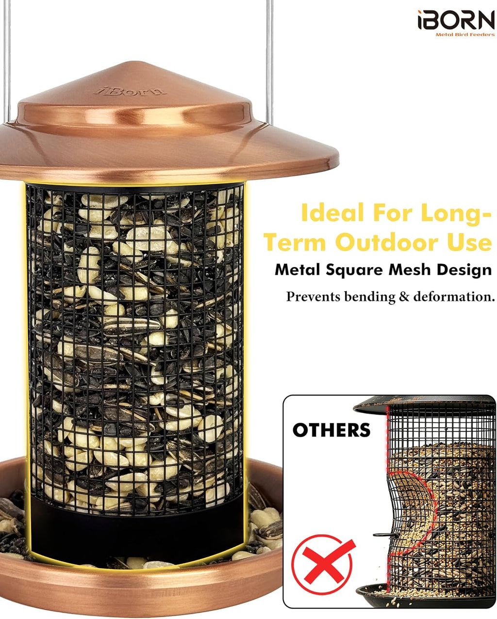 Metal Peanut Bird Feeder for Outdoors, Chew Resistant, 2.2lbs, 1Pk, Copper | Hanging, All-Metal, Detachable & Locking Base, Durable, Mesh Design, Easy to Clean, Spill-Proof