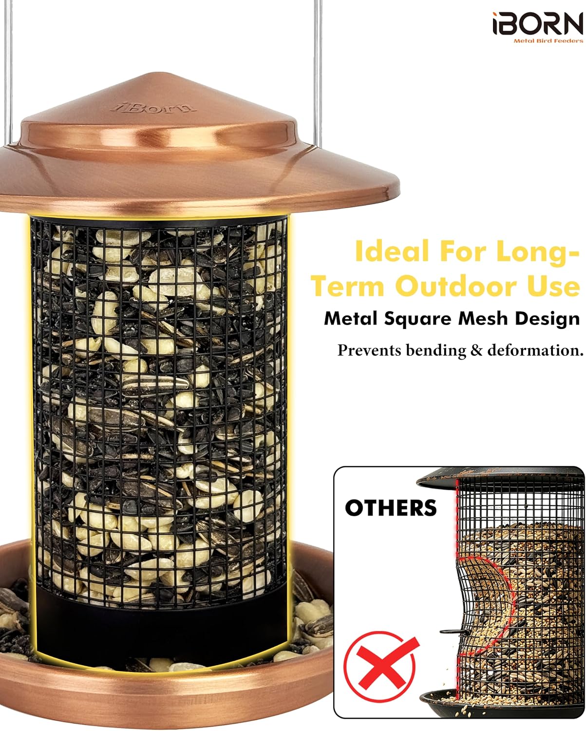 Metal Peanut Bird Feeder for Outdoors, Chew Resistant, 2.2lbs, 1Pk, Copper | Hanging, All-Metal, Detachable & Locking Base, Durable, Mesh Design, Easy to Clean, Spill-Proof