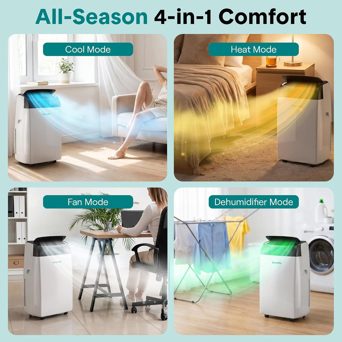 serenelife portable air conditioner with heat & built-in, side view