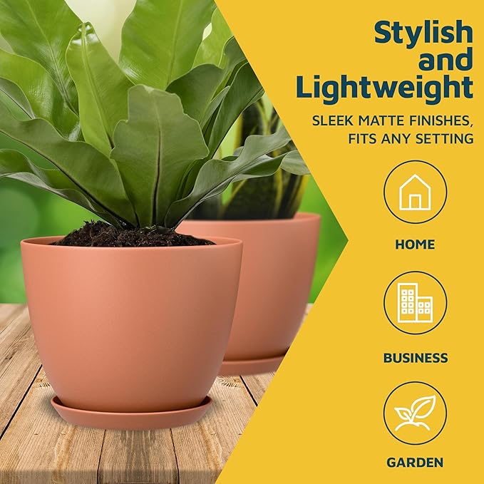 Terracotta Plant Pots with Drainage Holes & Saucers 3 Pack, Indoor & Outdoor Stackable Space-Saving Planters for Houseplants & Flowers, (7", 6.7", and 6" Inches), Durable & Weatherproof Materials