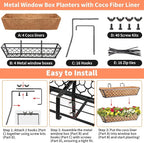 Riare 4 Pack 24 Inch Window Boxes Planters with Coco Liner, Metal Deck Railing Planter Boxes, Balcony Planters Railing Hanging, Horse Trough Window Flower Planter Boxes for Outdoor Porch Fence Patio