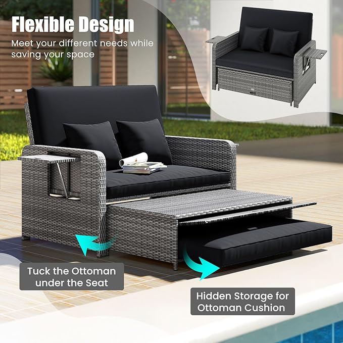 LDAILY Moccha Outdoor Daybed, Wicker Loveseat Sofa Set with 4-Postion Adjustable Backrest, Storage Ottoman, Cushions, Rattan Double Bed Lounger, Patio Furniture Set (Mixed Gray+Black)