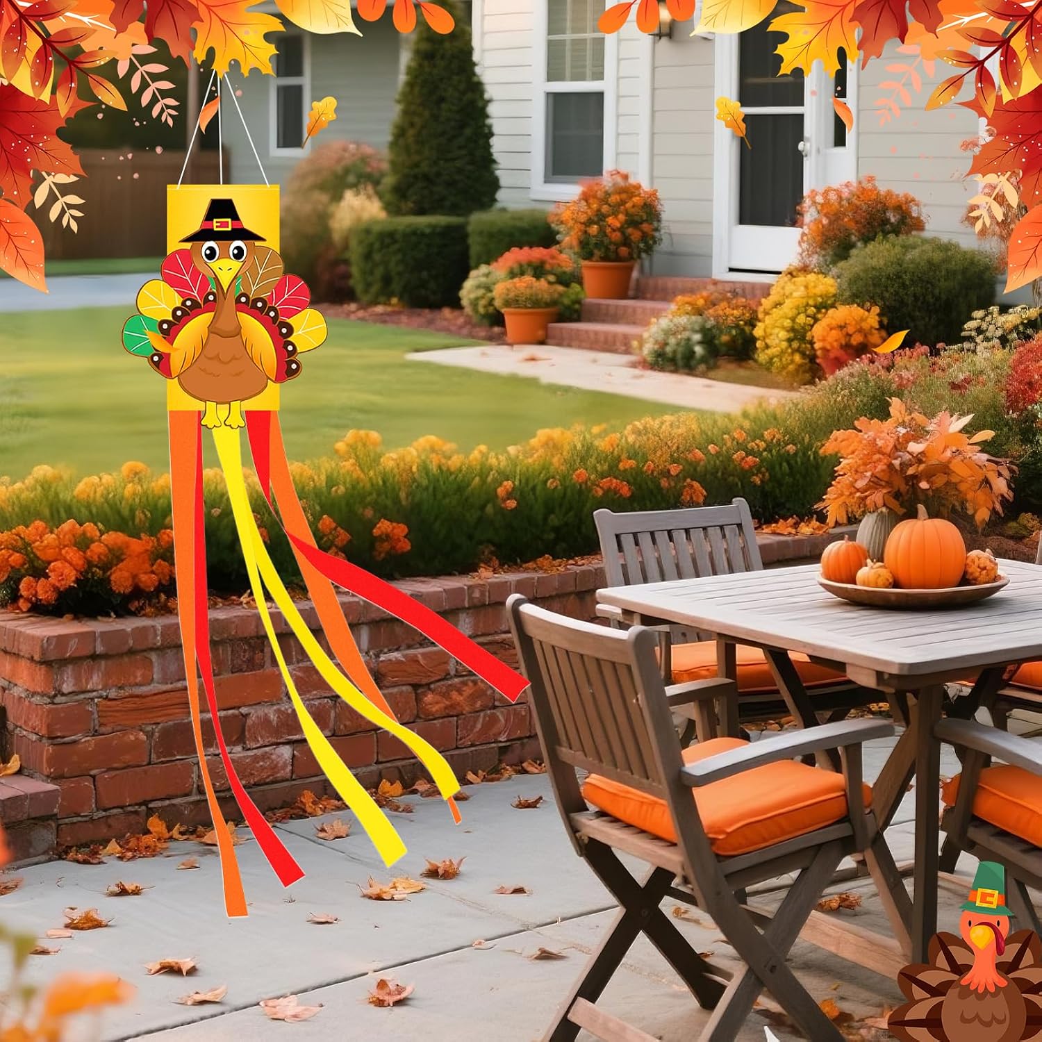 40 Inches Thanksgiving Turkey Windsock Decoration, Hanging Outdoor Fall Decor with Pilgrim Hat and Colorful Streamers, Festive Harvest-Themed Wind Sock Ornament for Garden, Patio, and Yard