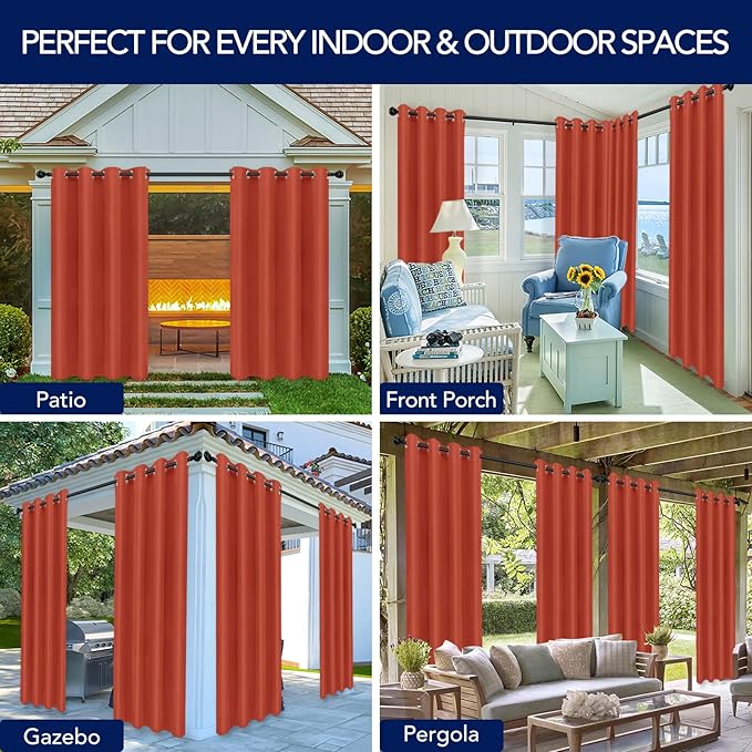 PureFit Outdoor Curtains for Patio Waterproof Weatherproof, UV Resistant Outside Curtains for Gazebo, Front Porch, Pergola, Sun Blocking Privacy Curtain, 52W x 84L inch, 1 Panel, Red Clay