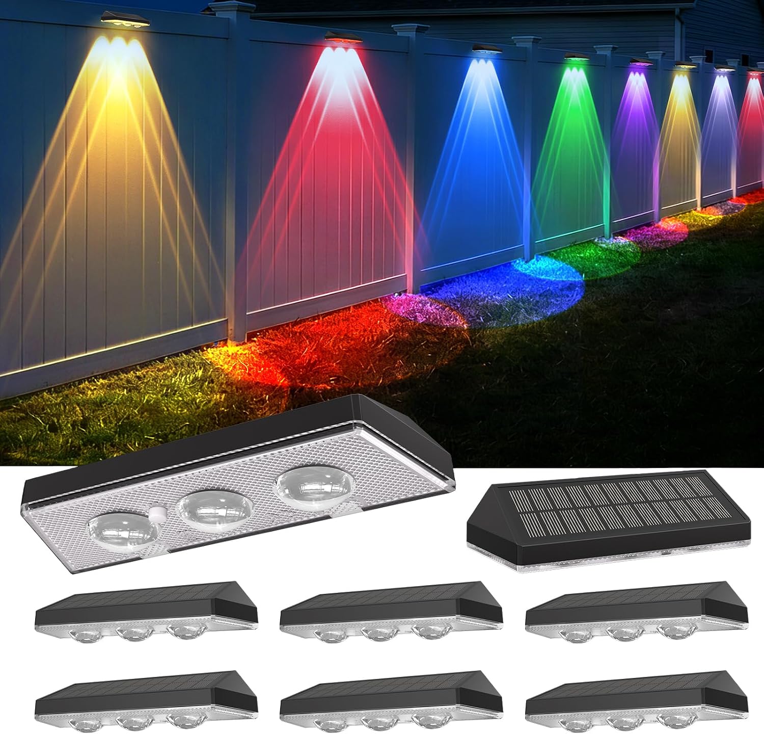 Solar Fence Lights Outdoor, Warm White & RGB 7 Color Changing, IP65 Waterproof, Dusk to Dawn Solar Deck Light for Patio, Railing, Pool, Porch, Backyard, Wall Decor, 8 Packs