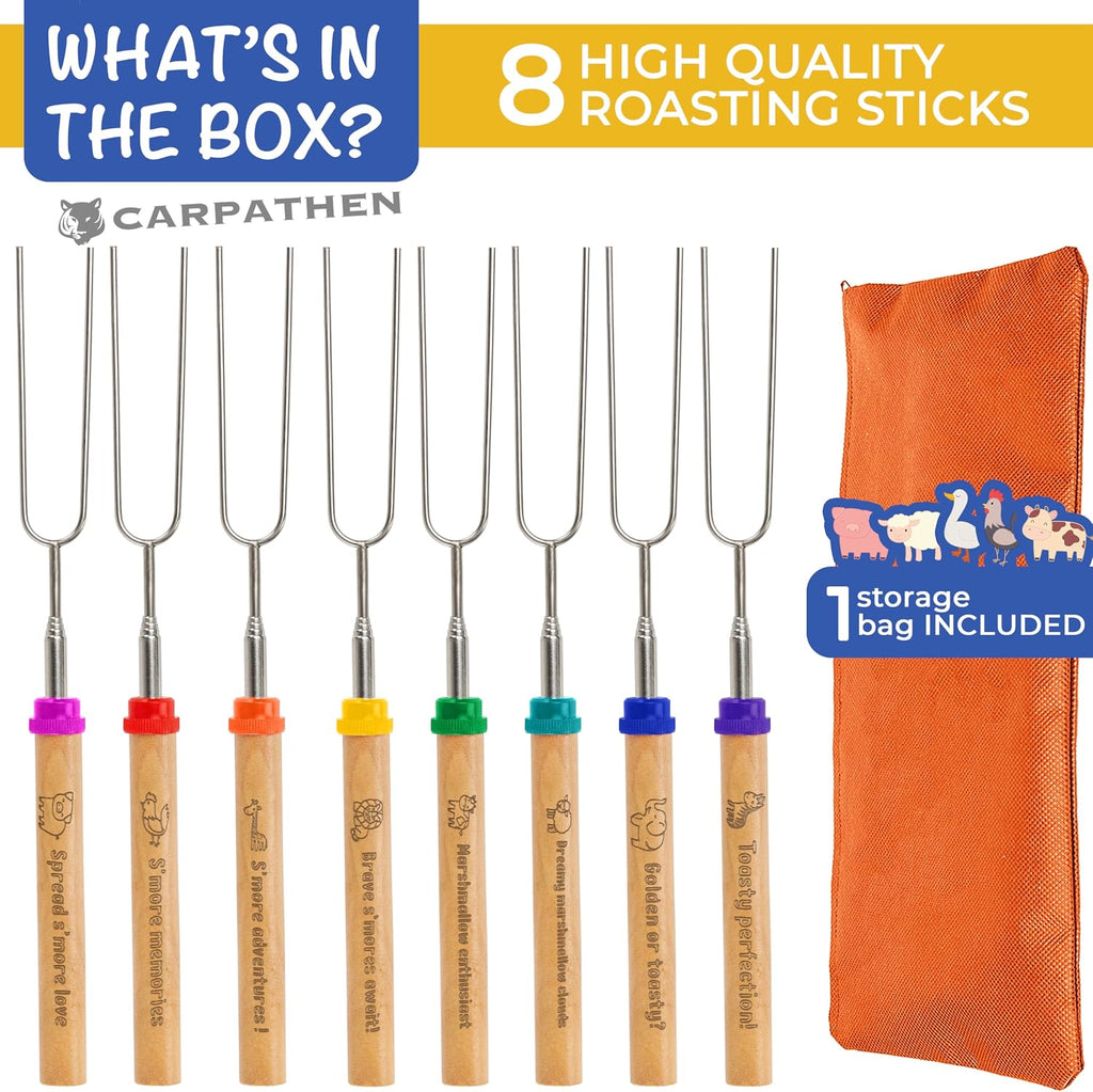 Smores Sticks, Marshmallow Roasting Sticks for Fre Pit, 8 pcs | Perfect as a Gift - Beautifully Engraved Handles - Telescoping Stainless Steel Hot Dog Sticks Skewers