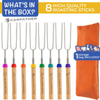 Smores Sticks, Marshmallow Roasting Sticks for Fre Pit, 8 pcs | Perfect as a Gift - Beautifully Engraved Handles - Telescoping Stainless Steel Hot Dog Sticks Skewers