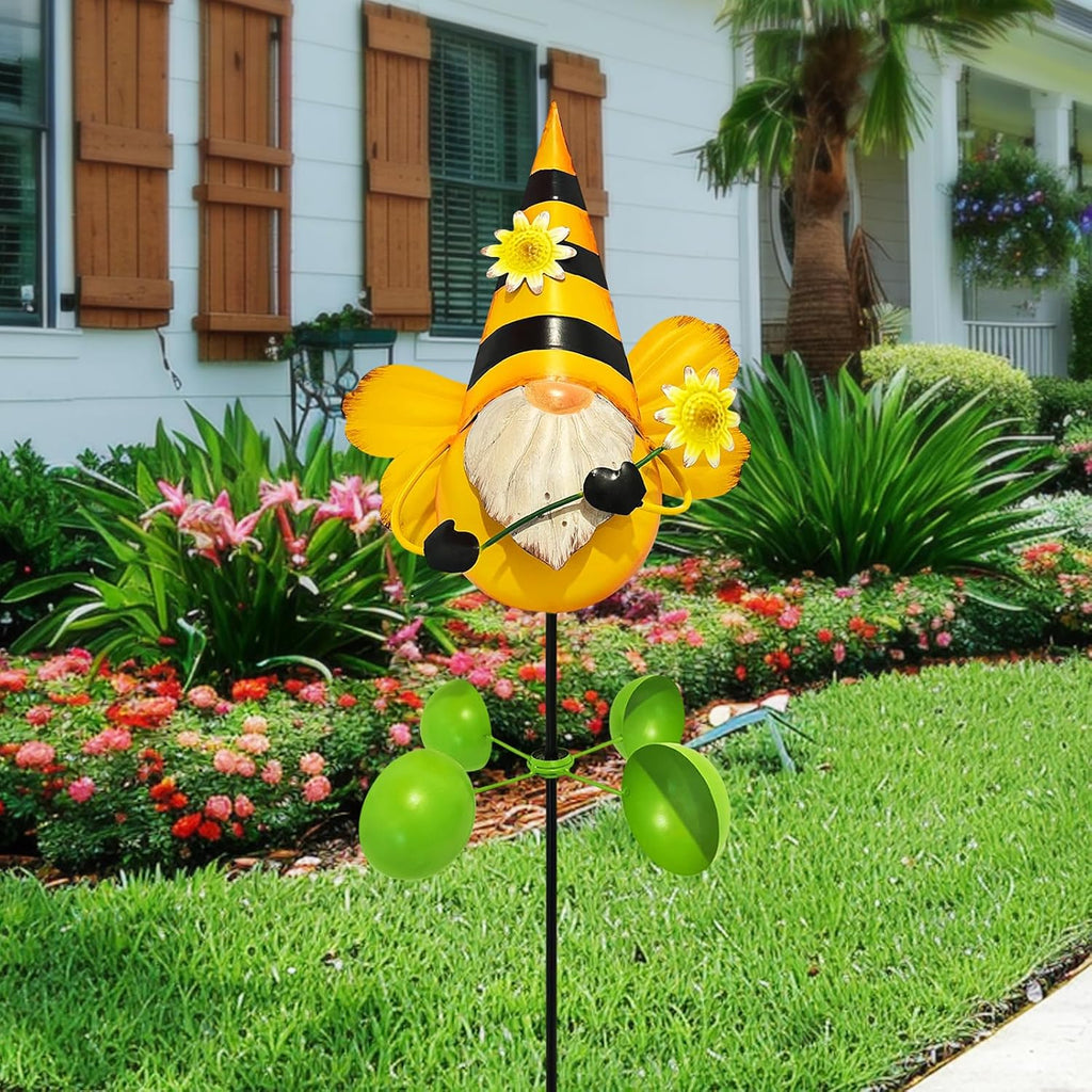 Gnome Metal Yard Art, Gnomes Garden Statue Outdoor Decor, 48 inch Gnome Decorations 360 Degrees Swivel Wind Spinner for Outdoor Patio Garden Backyard Décor - Bee