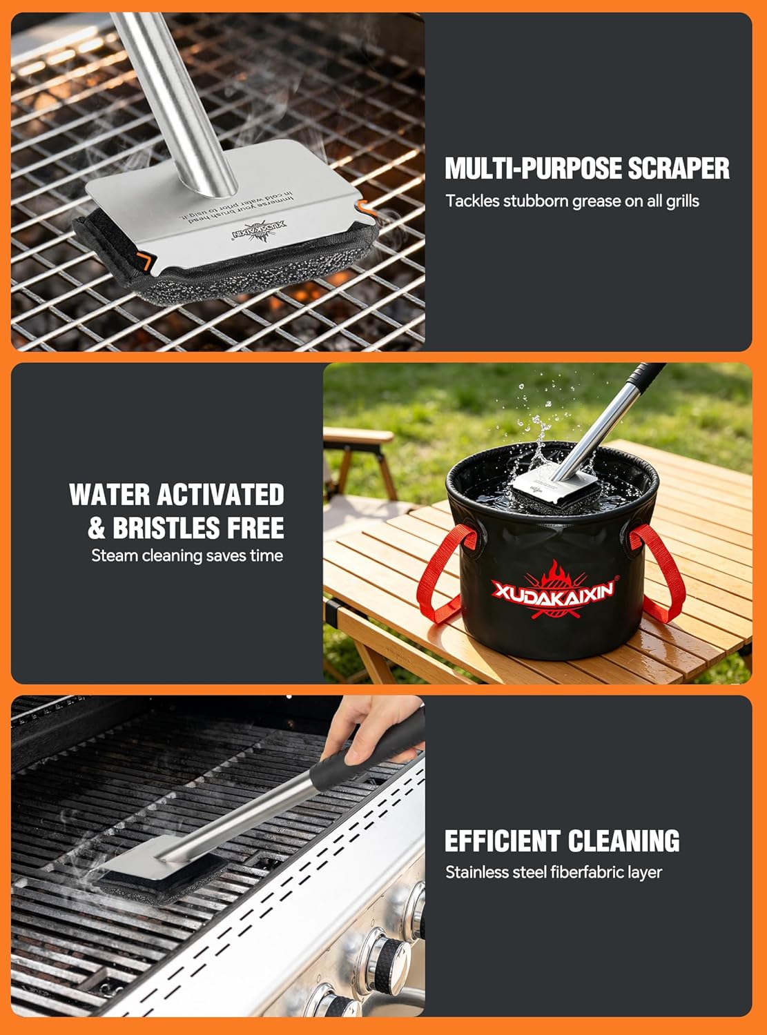 Bristle-Free Steam Grill Brush with 5 Replacement Pads – No Bristle Shedding. Unique Steel Fibers Pads Efficiently Deep Clean All Kinds of Grills. A Safe Outdoor Grill Cleaner. Gift for Men/Dad.