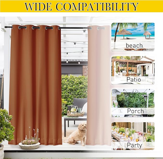 NICETOWN 2 Panels Weighted Blackout Outdoor Curtains for Patio Waterproof, Grommet & Back Tab on top and Bottom Windproof Privacy Thermal Drapes for Gazebo with Fixed Rope, W52 x L95, Burnt Orange