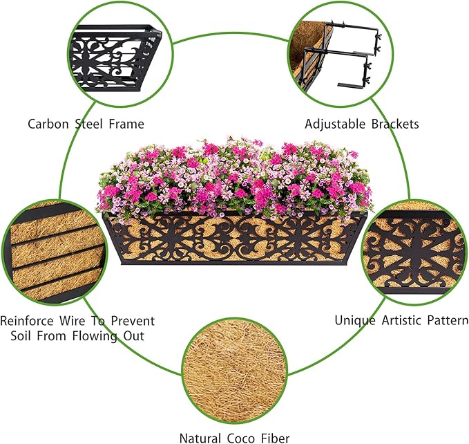 2 Pack 24 Inch Window Boxes Planters Railing Planter Box with Adjustable Brackets & Coco Liners Fabric Plant Grow Bags Deck Railing Planter Boxes Balcony Hanging Flower Box for Outdoor Plants