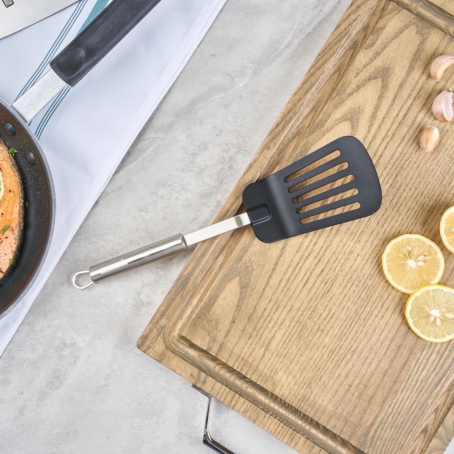 Restaurantware Nylon Slotted Turner - 6 Pack - German Standard Large Kitchen Spatula with Stainless Steel Handle, Non-Stick Safe, Dishwasher Safe - Heat-Resistant Slotted Spatula for Eggs, Fish