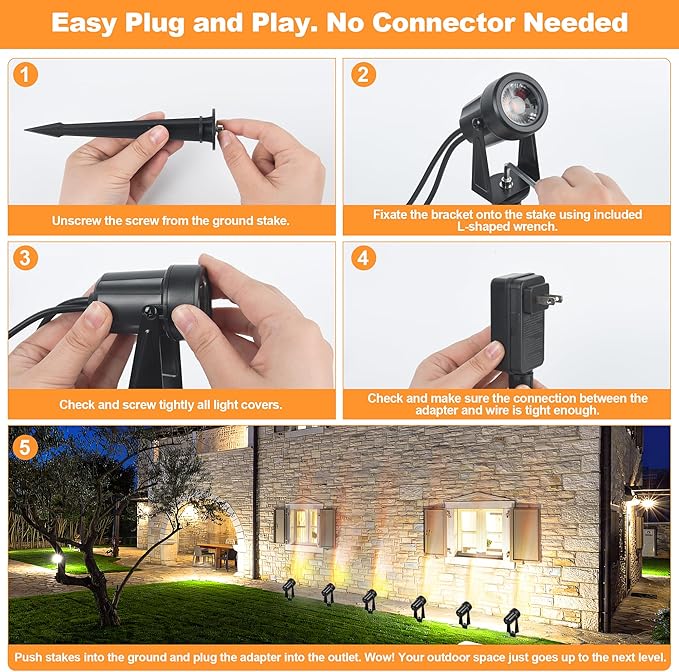Outdoor Landscape Lighting Waterproof with 45.9FT Cable & built-in LED Light, Low Voltage 12W 1200LM Plug in Electric LED Spot Light 3000K Uplight with Transformer for Garden Yard Tree Path, Pack of 4