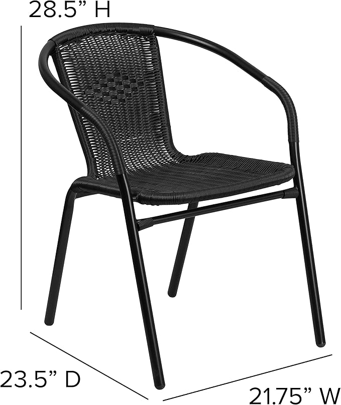 EMMA + OLIVER Set of 2 Modern Rattan Indoor/Outdoor Stack Chairs, Stacking Rattan Patio Chairs with Curved Back and Cross Bracing, Black