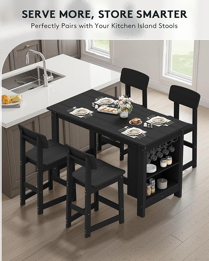 SERWALL 8-Piece Counter Height DiningTable Sets with Storage and Wine Rack, HDPE 2 Rectangular Bar Table with Bar Stools Set of 6 for Garden, Backyard, Kitchen, Black
