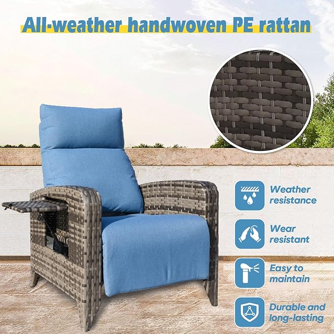 Outdoor Recliner Chairs Set of 2, Reclining Patio Chairs with Adjustable Back up to 150°Lay Flat and Extended Footrest, Wicker Recliner Chairs with Flip Table and Removable Olefin Cushion