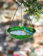 Hanging Bird Bath for Outside, 11” Metallic Green & Blue Metal Birdbath Bowl & Feeder with Black Chain Outdoor Garden Yard Decor (0.5 Gallon)